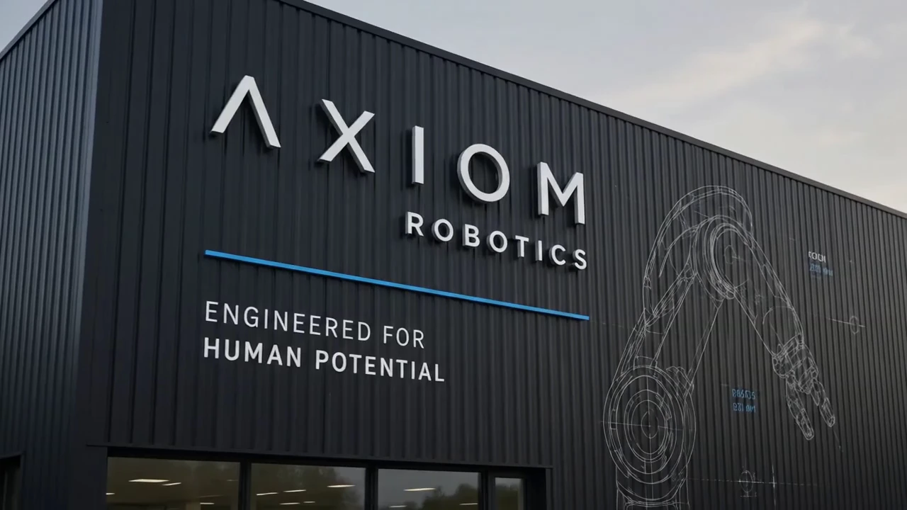 The AXIOM identity on a dark architectural facade