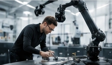 An engineer working at a robotics workbench