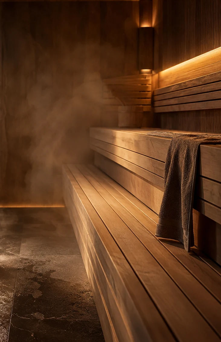 Warm hout en een rustig verlichte sauna